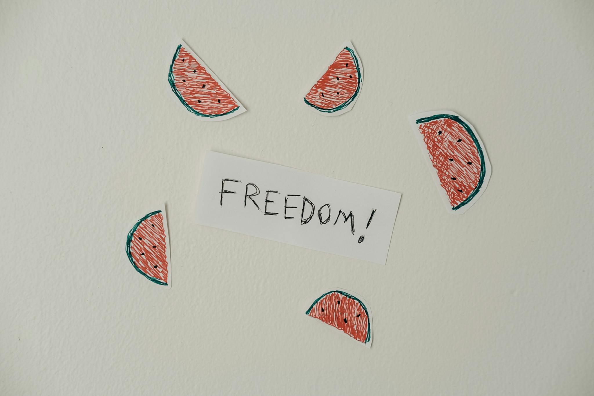 Artistic watermelon illustration surrounding the word 'Freedom' on paper.